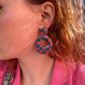 Handmade Polymer Clay Teal Blue and Pink Glitter Checked Print Dangle Round Earrings Kitsch Colorful image 3