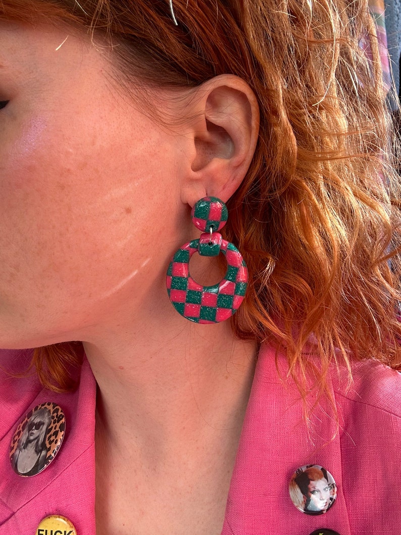 Handmade Polymer Clay Teal Blue and Pink Glitter Checked Print Dangle Round Earrings Kitsch Colorful image 3