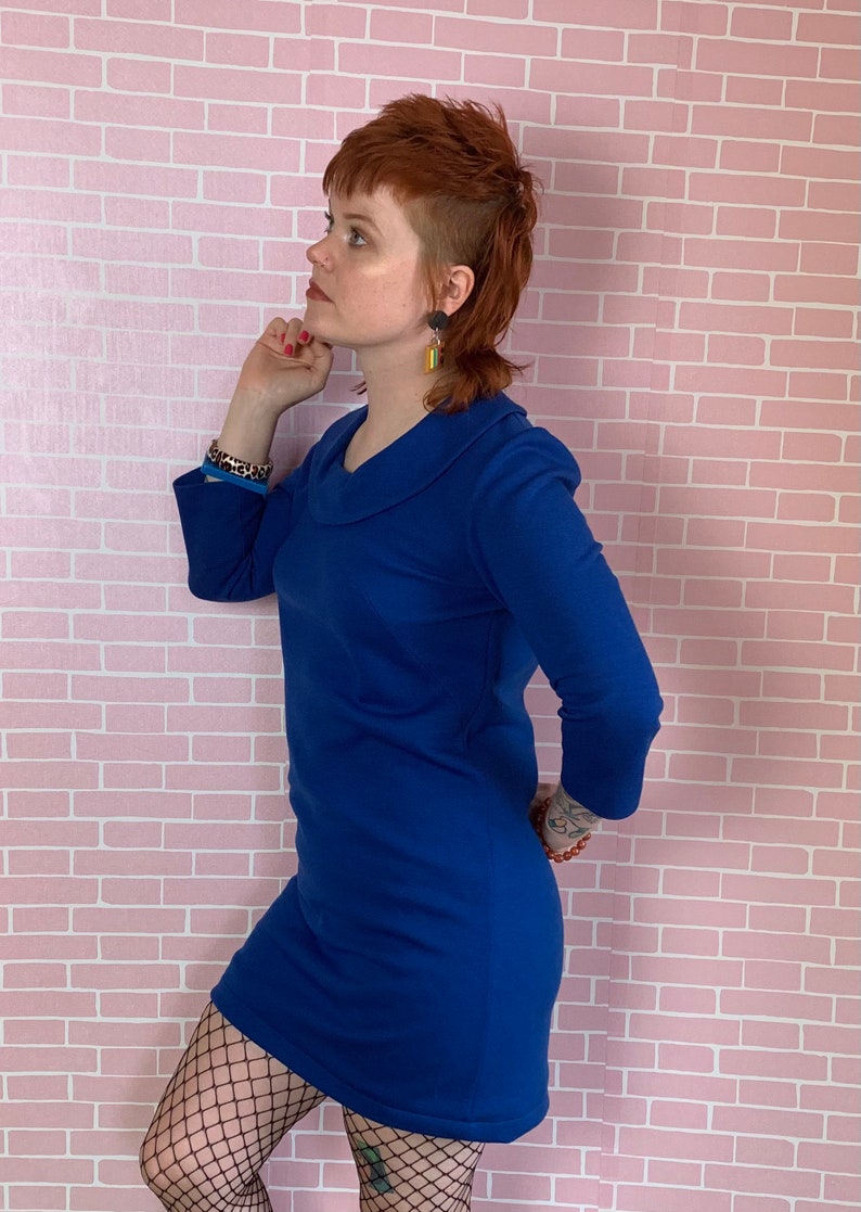 Vintage 1970s Royal Blue Collared 3/4 Length Sleeve Mini Mod Dress image 4