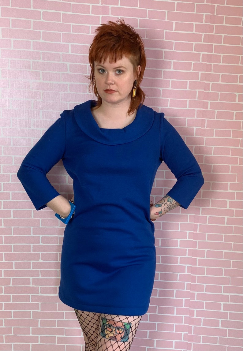 Vintage 1970s Royal Blue Collared 3/4 Length Sleeve Mini Mod Dress image 3