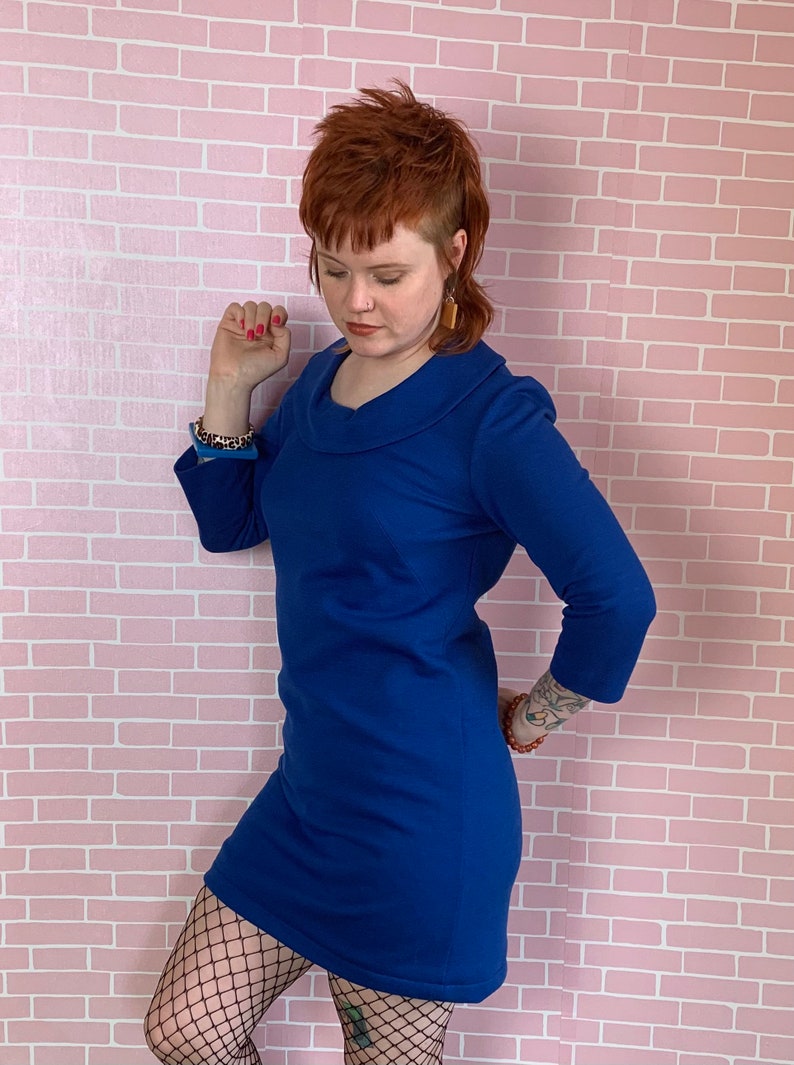 Vintage 1970s Royal Blue Collared 3/4 Length Sleeve Mini Mod Dress image 2