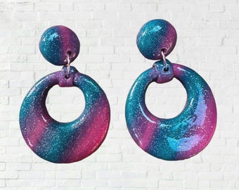 Handmade Polymer Clay Teal and Pink Glitter Ombre Blended Round Retro Bright Colorful Earrings