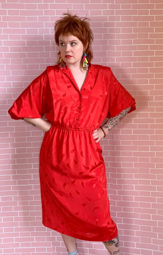 Vintage 1980’s Red Bat Wing Retro Silky Dress 1107 - image 5