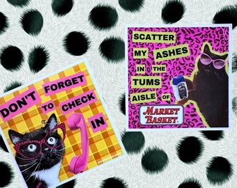 Square Sticker 3” x 3” cats Funny Tums IBS Check In Punk Retro Plaid Leopard Print