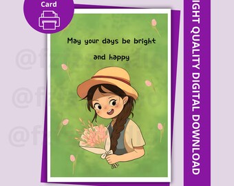 Cartoon Girl Greeting Card | Bright Flowers, Happy Wishes (Digital Download)