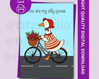 Funny Love Card afdrukbaar, Silly Goose Bicycle Art, valentijnscadeau, digitale download 5 x 7 png
