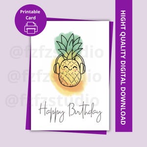 Funny Pineapple Birthday Card | Happy Birthday Digital Card | Cute Fruit Card with Headphones | Printable Fun Card for Friends & Teens