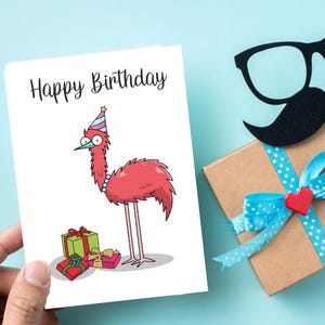 Carte de joyeux anniversaire drôle, oiseau de dessin animé mignon avec chapeau de fête, téléchargement numérique, carte d'anniversaire animal pour amis, téléchargement immédiat
