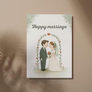 Elegante biglietto di auguri di nozze, coppia di simpatici cartoni animati, matrimonio felice, download digitale, biglietto di auguri di nozze stampabile, 5 x 7 cm, regalo istantaneo per gli sposi novelli