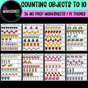 Może przedstawiać: Arkusz edukacyjny zatytułowany "Liczenie obiektów do 10" z 26 arkuszami bez przygotowania i 14 motywami. Arkusz zawiera różne obiekty, takie jak okulary przeciwsłoneczne, dynie, truskawki i flagi, przeznaczone do ćwiczenia liczenia.