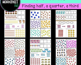 Fractions - Finding half, a quarter and a third Worksheets COLOUR