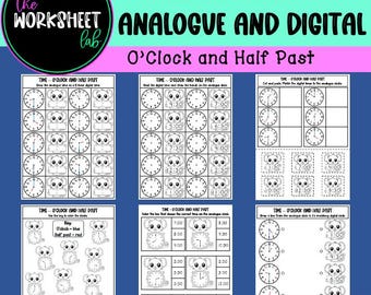 Telling Time: Analogue and Digital - O'Clock and Half Past Worksheets