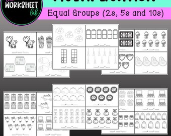 Multiplication - Equal Groups (by 2s, 5s and 10s) Worksheets B&W