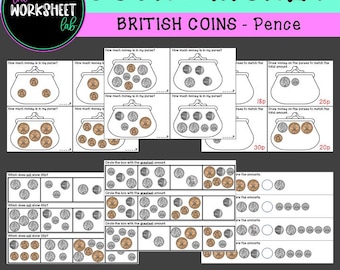Count Money - Pence (British Coins) Worksheets COLOUR