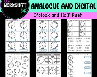 Telling Time: Analogue and Digital - O'Clock and Half Past Worksheets