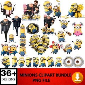 Puede incluir: Una colección de imágenes prediseñadas de Minions en varias poses y entornos. Las imágenes incluyen Minions con armas, instrumentos musicales y en grupos. El texto "36+ DESIGNS" y "MINIONS CLIPART BUNDLE PNG FILE" se muestra sobre un fondo rojo.