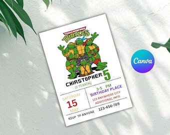 May include: A white invitation card featuring the Teenage Mutant Ninja Turtles. The card includes the text "Chirstopher is turning 5" and event details. A Canva logo is in the lower right corner.