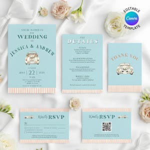 May include: A set of light blue wedding invitations with a vintage car illustration. The invitations include details such as the names of the couple, date, time, and RSVP information. The design features a striped border and floral accents.