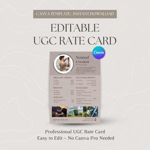 Guia UGC para iniciantes Modelo de download digital para influenciadores Cartão de taxas para criadores de conteúdo Folha de preços editável no Canva