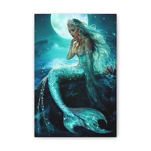Mermaid Canvas Wall Art, Ocean Theme Decor, Fantasy Home Decoration, Gift for Mermaid Lovers, Underwater Art Print