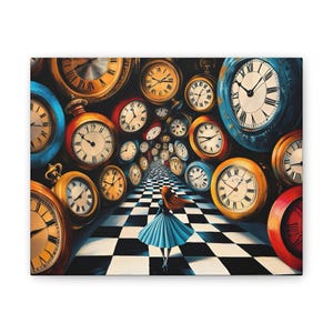 Alice in Wonderland Clock Corridor Canvas, Surreal Time Artwork | Stretched Wall Art