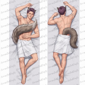 May include: A body pillow cover featuring a digital illustration of a character with short purple hair, wolf ears, and a large bushy tail. The character is shown from the front and back, wearing only a white towel wrapped around the waist.
