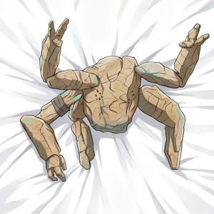 May include: Illustration of a stylized, six-limbed creature with a stone-like texture, lying on a white surface. The creature's limbs are positioned in a relaxed pose, with some fingers extended. The color palette is primarily earthy tones.