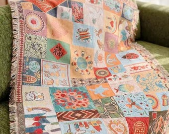 Project Hail Mary gebreide patchwork deken | Wereldpuzzelkaart plaid 125 x 155 cm | Sci-Fi Bookish Sofa-deken | Ruimtedecor fanart
