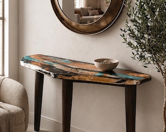 Consolle dipinta a mano Abisso | Tavolo consolle in legno, piano oro nero blu petrolio | Arredo artigianale italiano fatto in Toscana