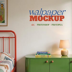 May include: A red metal bed frame with a colourful quilt and a green cabinet with a lamp and books. The wall has the text "wallpaper MOCKUP" in blue and orange, with "4K PHOTOSHOP / PHOTPEA" below.