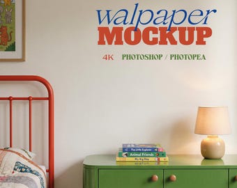 Kids Room Wall Mockup – PSD Wallpaper Scene with Red Bed & Green Cabinet - Modern Colorful Interior Room Mockup