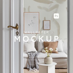 Neutral Living Room Wallpaper Mockup Photoshop White Interior Wall Mockup PSD Boho Minimalist Blank Wall Mockup Smart Object Mural Mockup