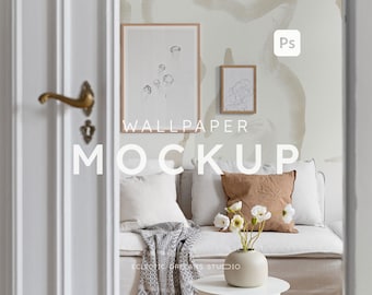Neutral Living Room Wallpaper Mockup Photoshop White Interior Wall Mockup PSD Boho Minimalist Blank Wall Mockup Smart Object Mural Mockup