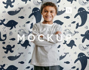 Kids Room Wallpaper Mockup PSD Playroom Wall Mockup Boys Room Photoshop Mockup Nursery Mural Mockup Neutral Interior Scene