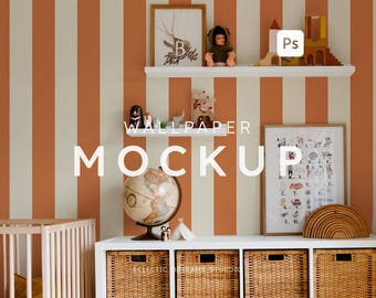 Boho kinderkamer behang mockup PSD speelkamer interieur muur mockup Photoshop kinderkamer muur mockup gezellige babykamer behang warm interieur