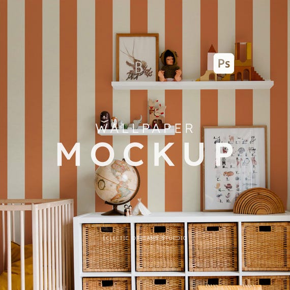 Boho Kids Room Wallpaper Mockup PSD Playroom Interior Wall Mockup Photoshop Nursery Wall Mockup Cozy Baby Room Wallpaper Warm Interior