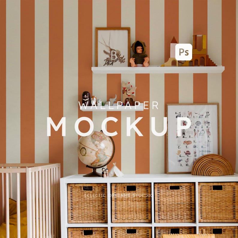 May include: A striped wallpaper mockup with a white shelf, a globe, a wooden toy, and a white cabinet with wicker baskets. The text "WALLPAPER MOCKUP" is displayed in the center of the image.