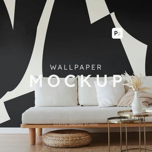 Peut inclure: Un canapé blanc avec des coussins est placé devant un papier peint abstrait noir et blanc avec le texte "WALLPAPER MOCKUP".