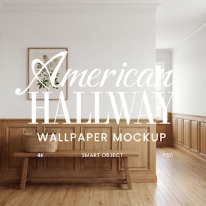 Maqueta de papel tapiz para pasillo de casa de campo - Maqueta de habitación interior clásica americana - Plantilla PSD de pared en blanco - Maqueta de interior de madera cálida