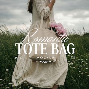 Canvas-tygväska Mockup PSD — Cottagecore Literary Tote Mockup - Bokväska Mall - Stämningsfull Natur Livsstil - Romantisk Häxig Tote