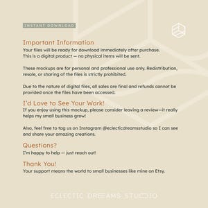 May include: A digital product mockup with text including "Important Information" and "I'd Love to See Your Work!" on a beige background. The text explains the product is a digital download, for personal and professional use only.