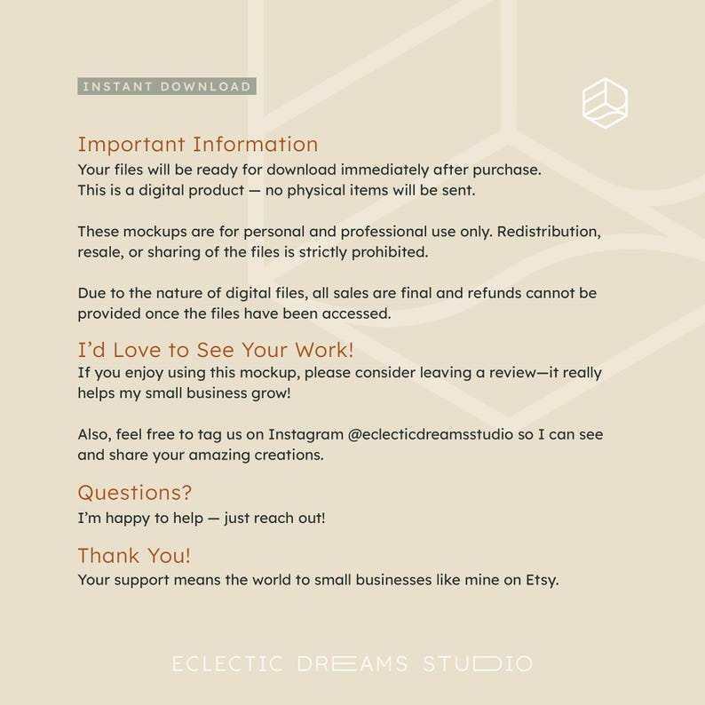 May include: A digital product mockup with text including "Important Information" and "I'd Love to See Your Work!" on a beige background. The text explains the product is a digital download, for personal and professional use only.