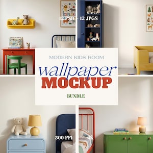 May include: A mockup of a modern children's room design. The image includes a red desk, green chair, blue cabinet, and a yellow shelf. The text "wallpaper MOCKUP BUNDLE" is displayed. The image also includes a bed and a green cabinet.