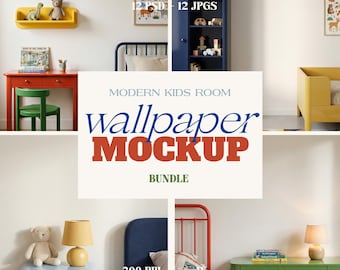 Kids Room Wall Mockup Bundle – 12 PSD & JPG Files - Trendy Wallpaper Scene Boys Room - Modern Colorful Interior Room Mockup