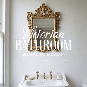 May include: A gold-framed mirror with ornate detailing hangs above a white sink. The mirror reflects the room, and the text "Victorian BATHROOM" is overlaid on the image. The sink has gold fixtures and a small glass jar.