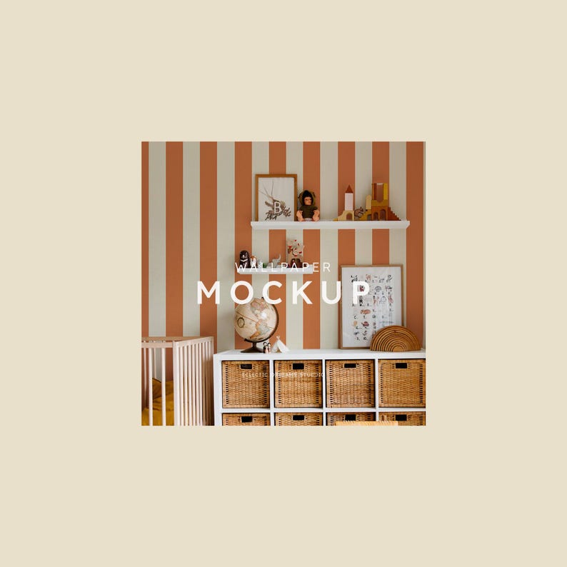 May include: A white shelf with a variety of toys and a framed picture on a wall with orange and white stripes. The text "WALLPAPER MOCKUP" is written in black on the wall. Below the shelf is a white cabinet with woven baskets.