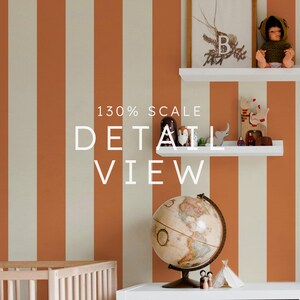 May include: A nursery room with a white and orange striped wallpaper. A globe, a crib, and a shelf with wooden toys are visible. The text "130% SCALE DETAIL VIEW" is printed on the wall.