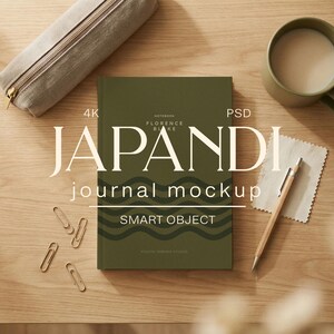 Minimalist Hardcover Journal Mockup – Japandi Natural Aesthetic PSD Template - A5 Book Cover Mockup - Desk Flat Lay Scene - Planner KDP Mock