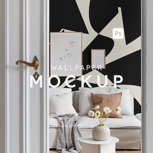 Modern Interior Wallpaper Mockup Living Room PSD Neutral Wall Mockup Photoshop Smart Object Mockup Soft Tones Boho Interior Blank Wall
