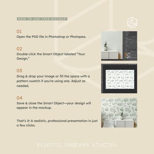 May include: A mockup guide with instructions on how to use a PSD file in Photoshop or Photopea. The steps include opening the file, double-clicking the smart object, and saving the design. The image also shows a sample design.